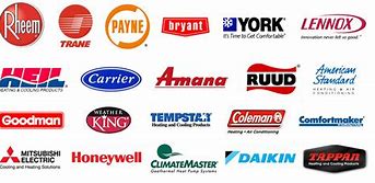Logos of various HVAC and refrigeration brands including Rheem, Trane, Carrier, Honeywell, Lennox, and Daikin on white background