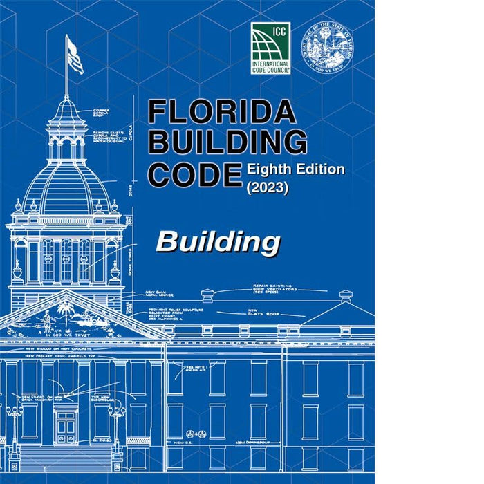 Blueprint style cover of the 2023 Florida Building Code Eighth Edition with official seals on blue background