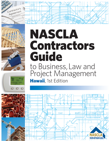 Cover of NASCLA Contractors Guide Hawaii 1st Edition showing construction blueprints, tools, and project management elements