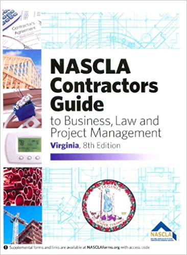 Cover of NASCLA Contractors Guide to Business, Law, and Project Management Virginia 8th Edition with construction and legal visuals