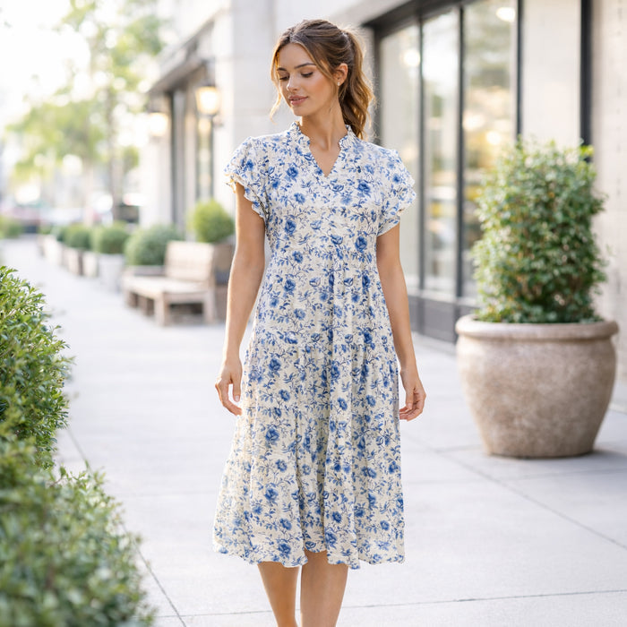 50272 – Tan & Blue Floral Tiered Midi Dress with Pockets