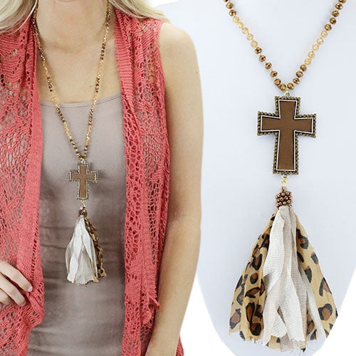 71988 - Cross Tassel Necklace - Leopard