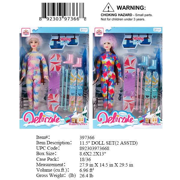 8.6X2.2X13"11.5"GIRL DOLL WINTER SKI PLAY SET
