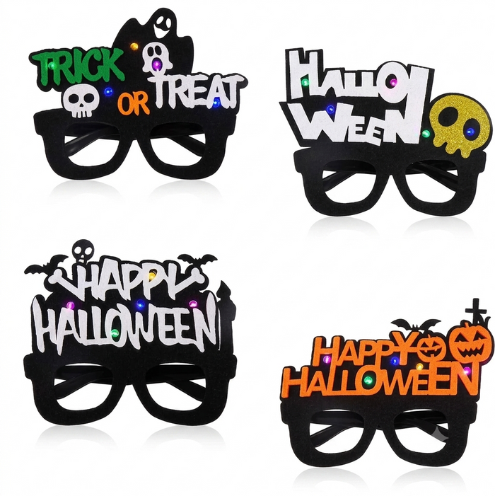 Four pairs of black novelty Halloween glasses with colorful LED lights and festive text designs reading 'Trick or Treat', 'Halloween', 'Happy Halloween', and 'Happy Halloween' with pumpkins and ghosts, shown on a white background.