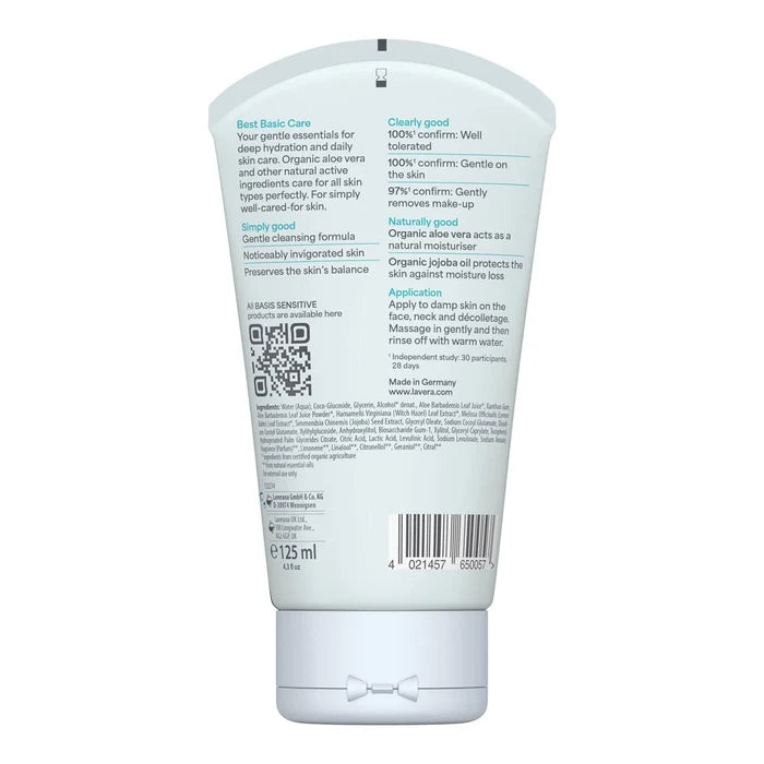 Back view of Lavera Basis Sensitive Cleansing Gel tube with product information. Made in Germany.