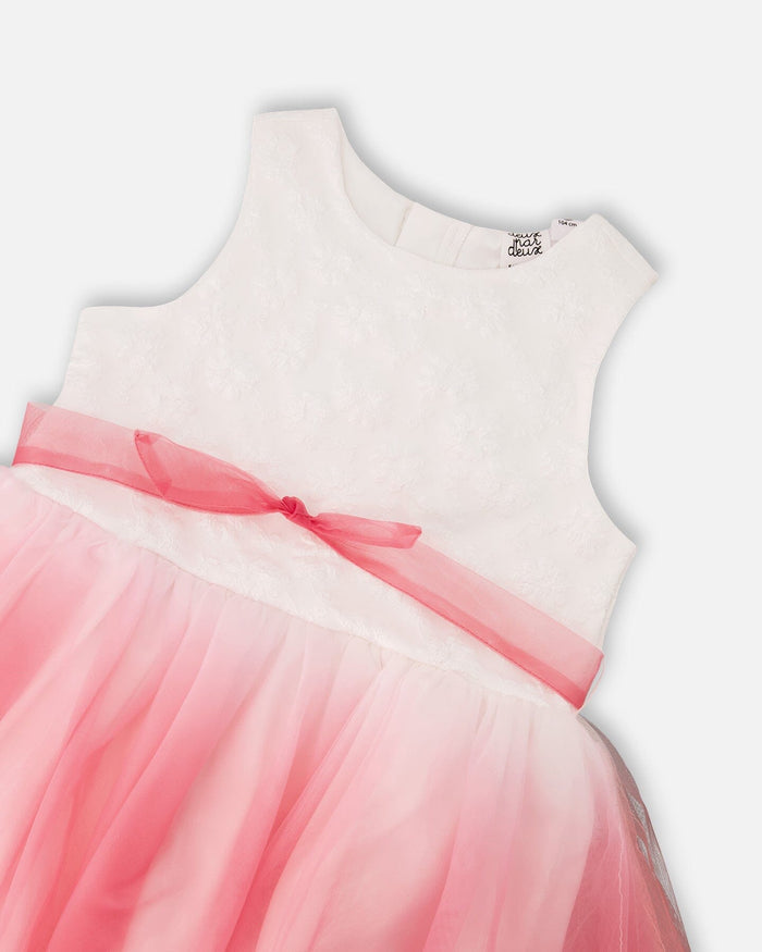 Bi-Material Pleated Mesh Dress White And Pink-3