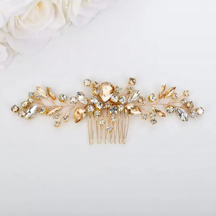 Champagne Crystal Bridal Hairpiece in Gold - Wedding Hair Accessory