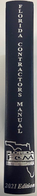 Spine of 2021 edition Florida Contractors Manual with white text and state outline on dark blue background