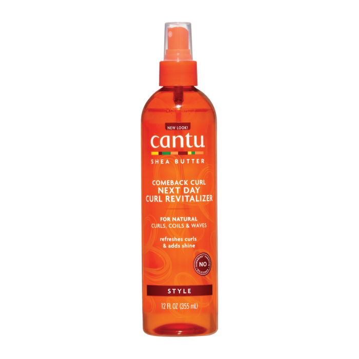 Cantu Shea Butter curl revitalizer for natural hair in an orange spray bottle 12 fl oz