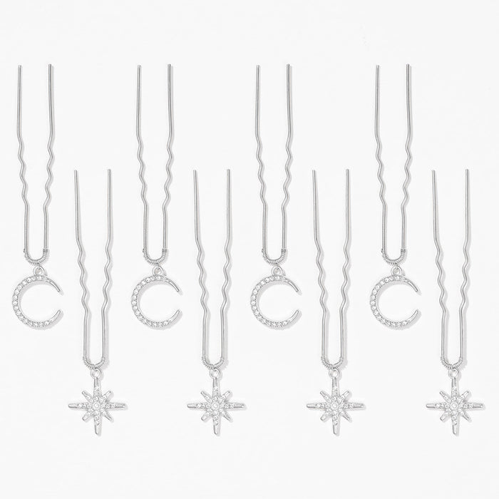8-piece celestial hair pin set with tiny stars moons styling a romantic wedding guest hairstyle