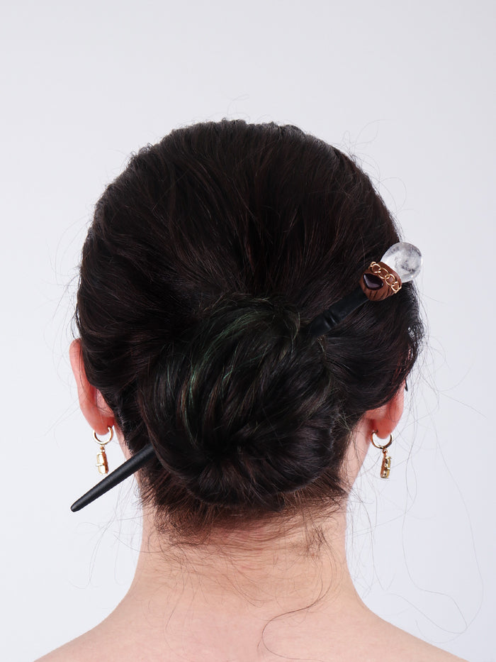 Clear Quartz Gemstone Hairpin | Natural Wood-Image 2