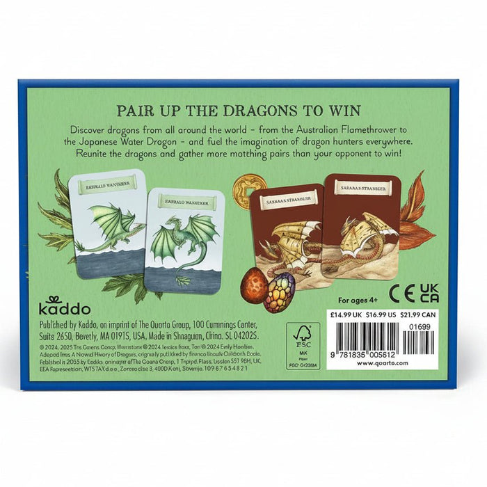 The back of a Kaddo board game box, featuring a light green background with a blue border. It displays the title 'PAIR UP THE DRAGONS TO WIN', product descriptions, illustrations of dragon-themed cards, and a barcode with pricing and age information.