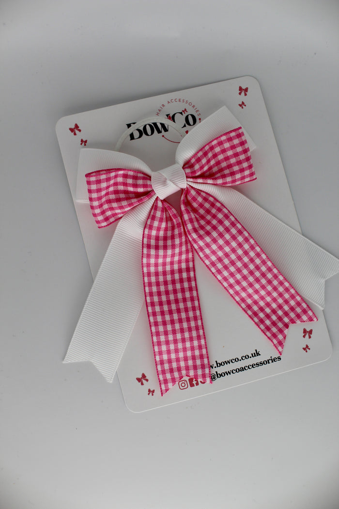 Double Ribbon Tail Bow - School Bow Pink Gingham - Elastic