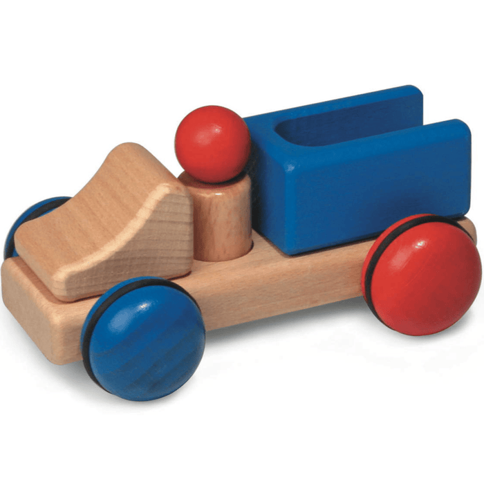 Wooden toy car with red and blue wheels on a white background
