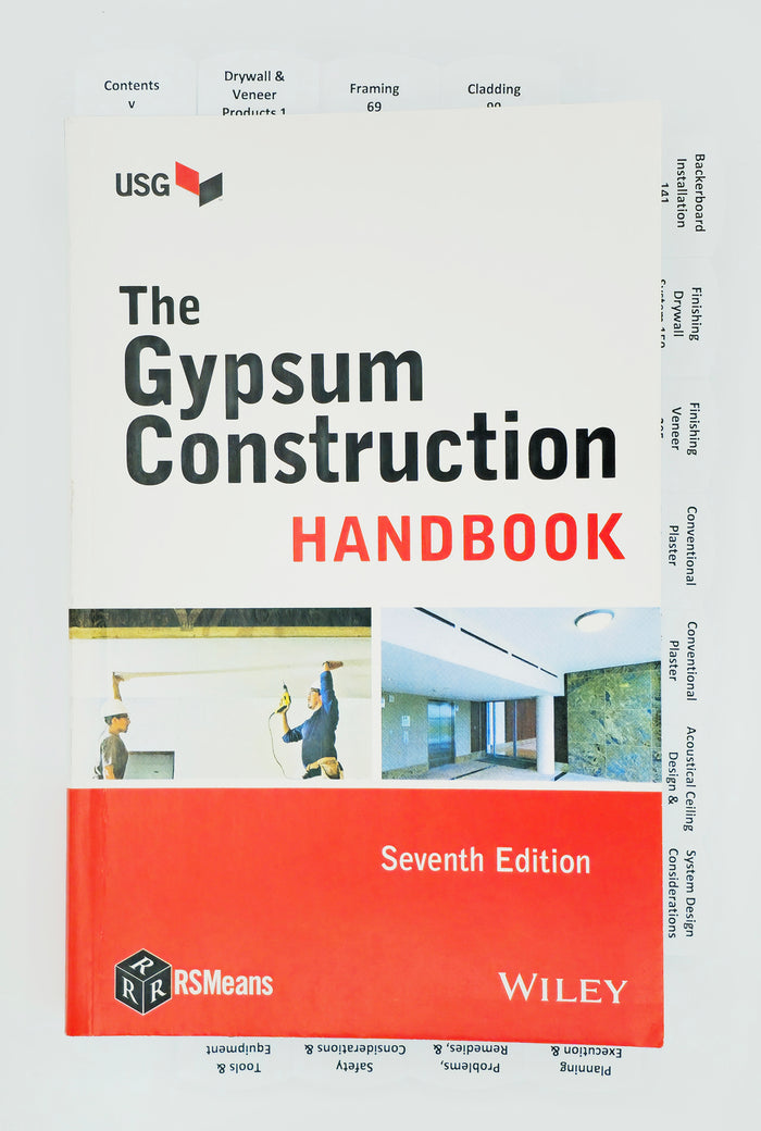 Cover of The Gypsum Construction Handbook 7th Edition featuring construction workers and interior ceiling installation images