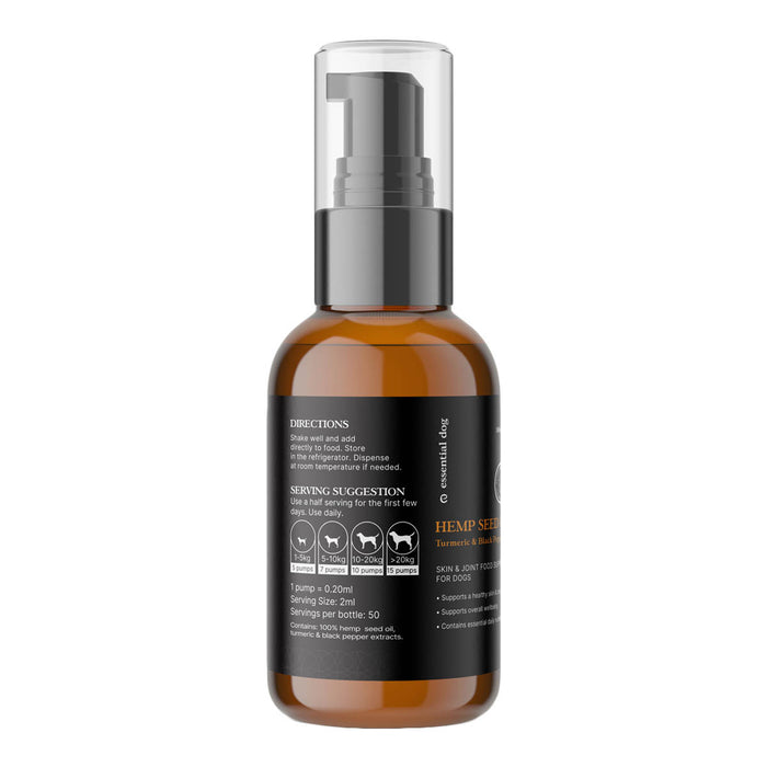 Hemp seed oil bottle with label on a white background.