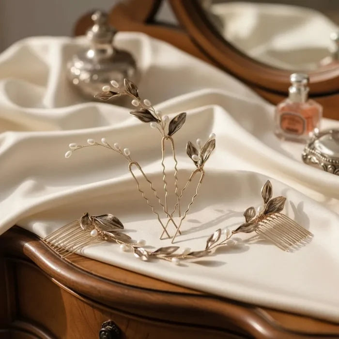 Antique Gold Bridal Hair Accessory Set – Vintage Pearl Hair Pins & Comb