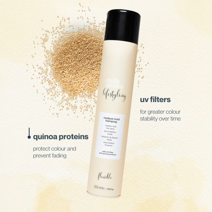 milk_shake Shampoo bottle with quinoa proteins and UV filters on a beige background