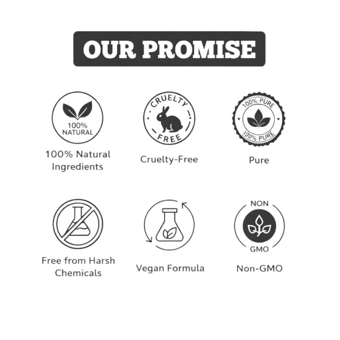 Natuur product promise icons showing 100% natural, cruelty-free, pure, chemical-free, vegan, and non-GMO labels.