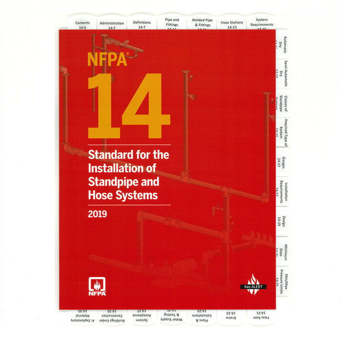 Red cover of NFPA 14 Standard for Installation of Standpipe and Hose Systems 2019 edition with pipe schematic background