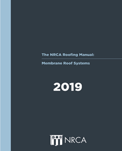 Cover of the 2019 NRCA Roofing Manual for Membrane Roof Systems with a blue and dark gray minimalist design