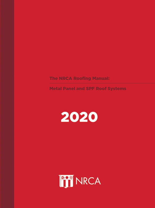 Cover of 2020 NRCA Roofing Manual for Metal Panel and SPF Roof Systems with red background and white text design