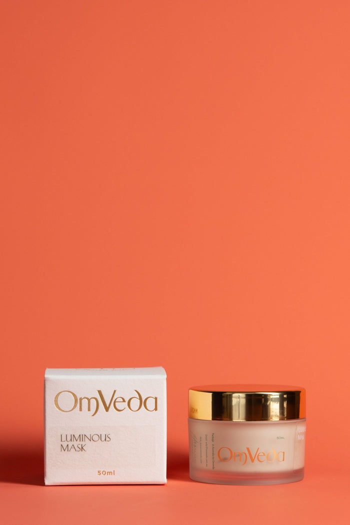 OmVeda Luminous Mask luminous pearl face mask jar and box, gold-toned cream container