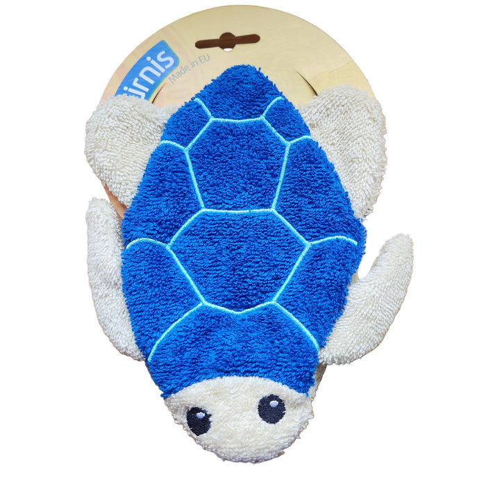 Blue sea turtle washcloth puppet with Furnis branding on a white background