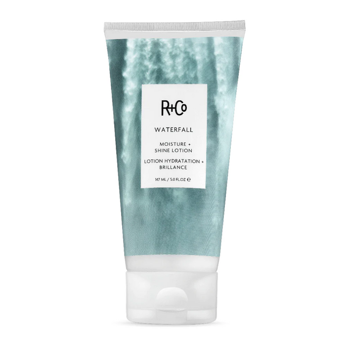 R+Co WATERFALL lotion, moisture shine hair cream, lightweight hydration for fine hair, softening hair lotion, frizz control hair product, glossing hair lotion, hydration for long hair, lightweight hair moisturizer, shine-enhancing styling cream, hair lotion for smooth finish