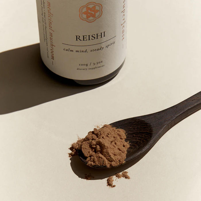 Reishi mushroom powder on a wooden spoon with a bottle labeled 'REISHI' in the background.
