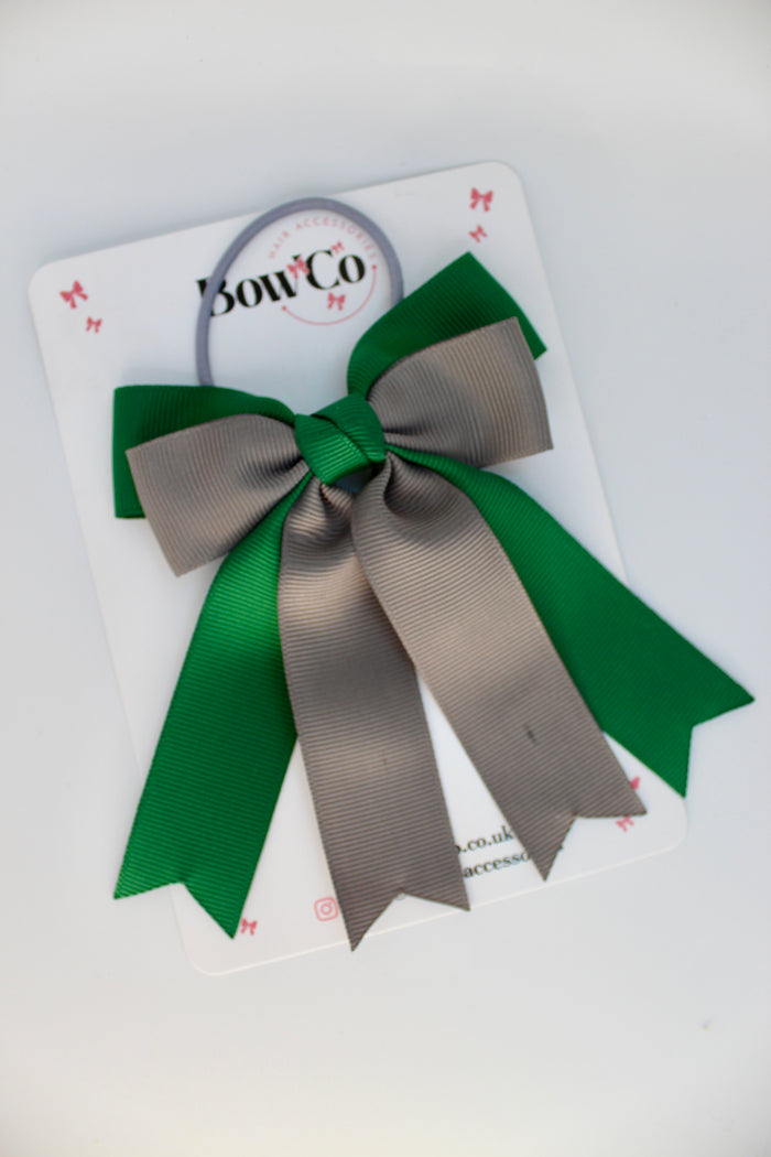 School Bow Green and Grey - Double Ribbon Tail – Elastic