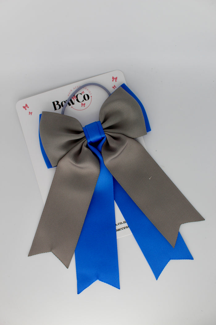 School Bow Royal Blue and Metal Grey - Classic Tail Bow - Elastic