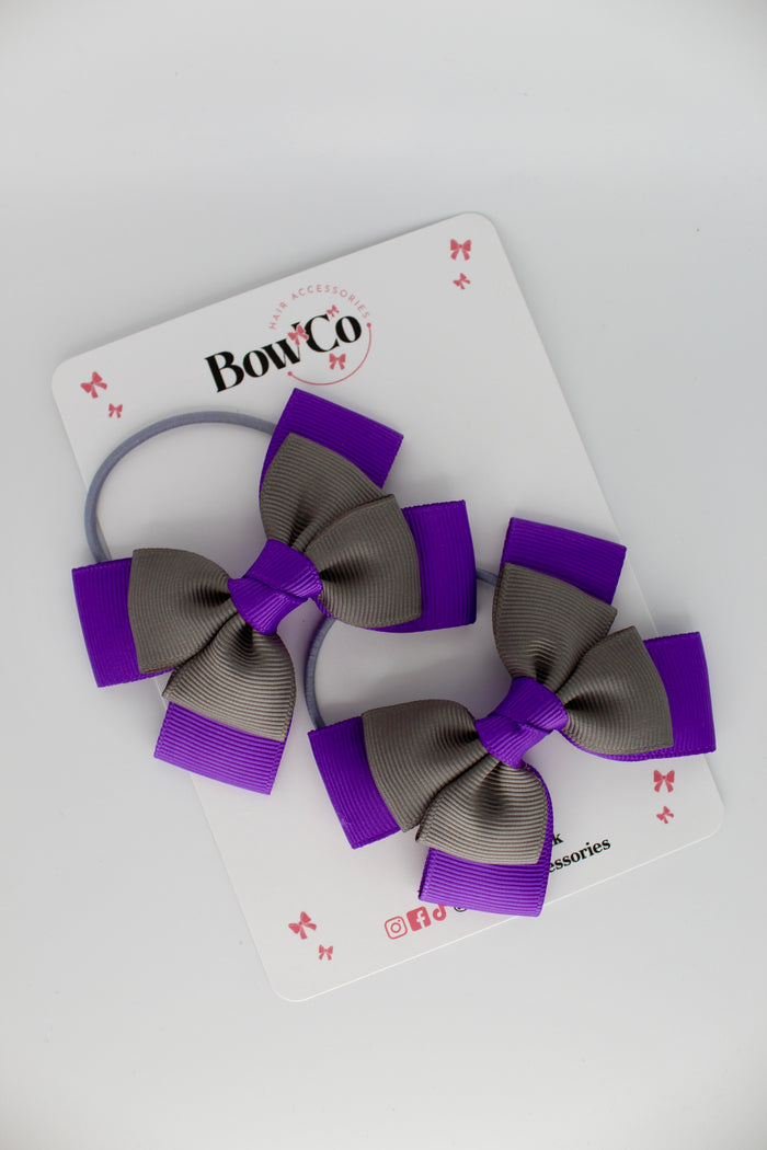 School Bows Purple and Metal Grey - Layer Bow Set - Elastic