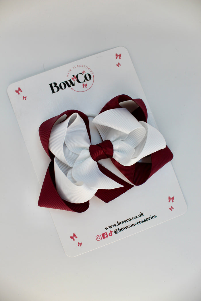 School Burgundy and White Bow - Double Loop Bow - Elastic