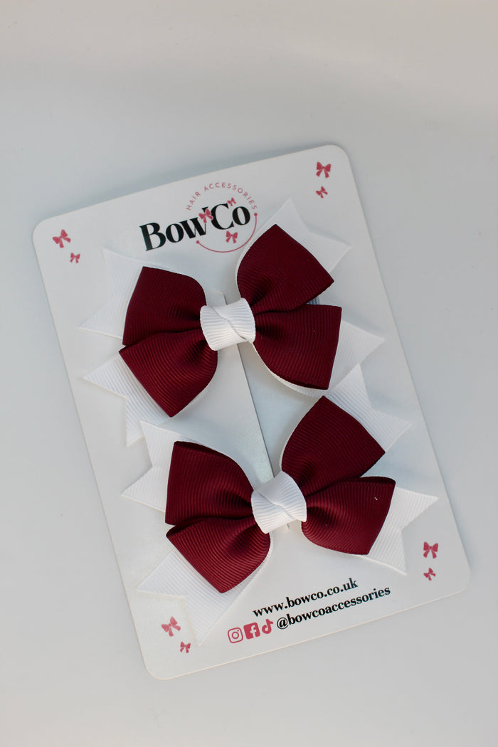 School Burgundy and White Bows - Knot Bow Set - Clip