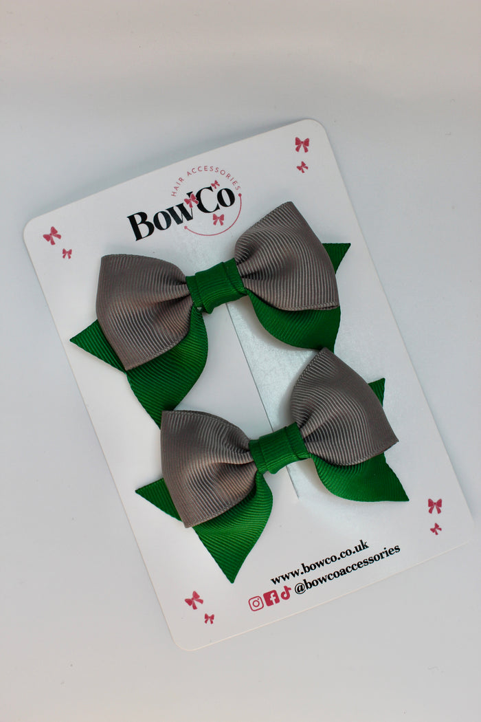 School Green and Grey Bows - Bow Tail Set - Clip