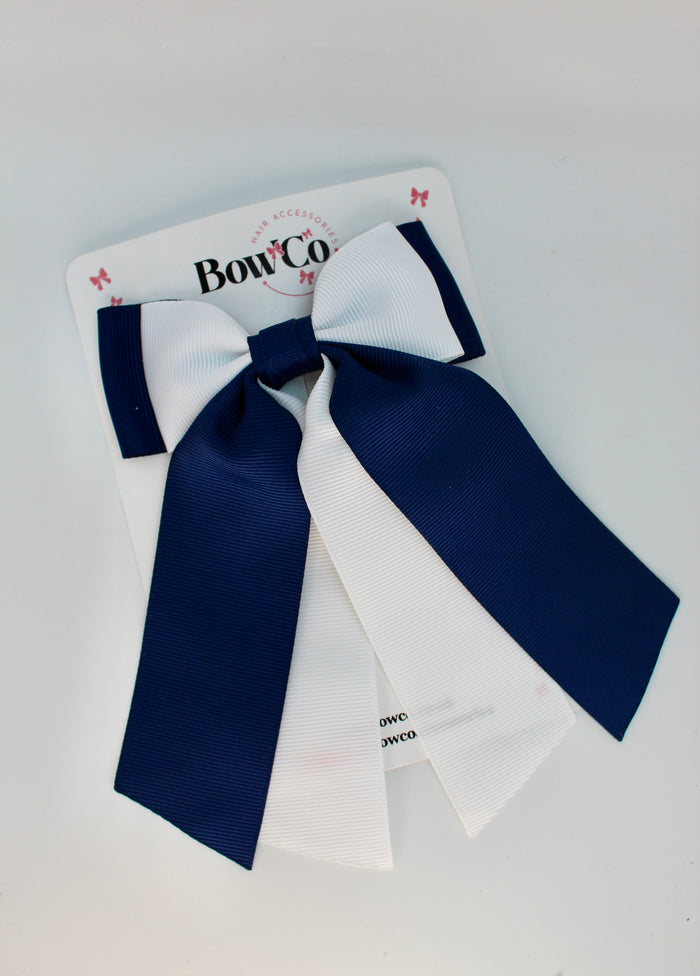 School Navy Blue and White Bow - Double Layer Tail Bow - Clip