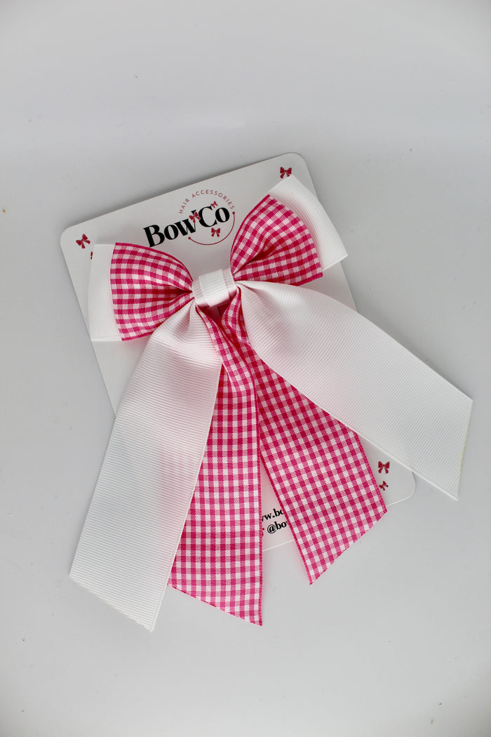 School Pink Gingham Double Layer Tail Bow - Clip