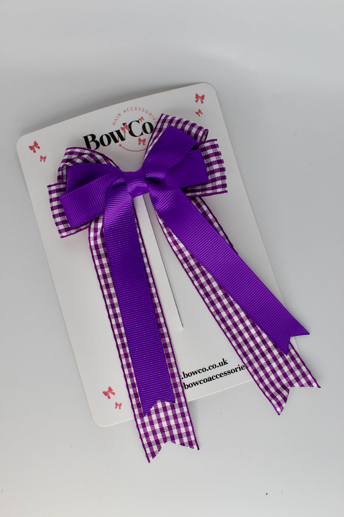School Purple Gingham Tail Bow Clip