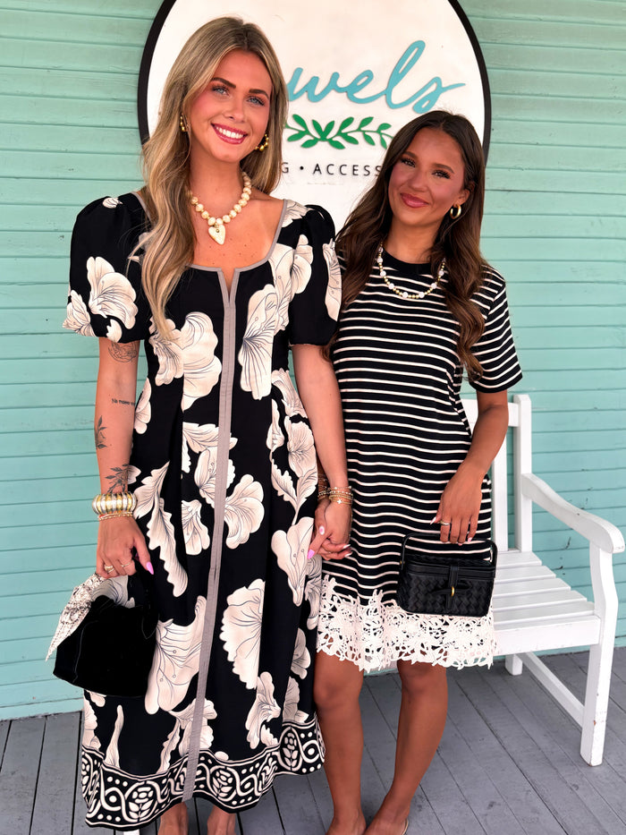 The Amelia Stripe Lace Dress-Black