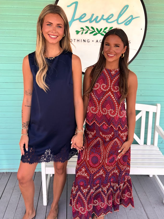 The Carrie Satin Lace Detail Dress-Navy