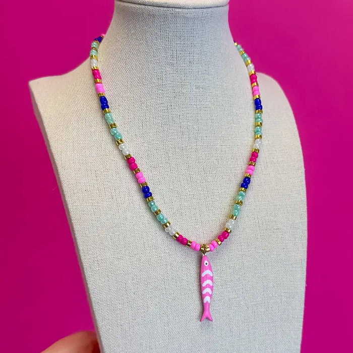 The Multi Bead Fish Necklace-Pink Mix