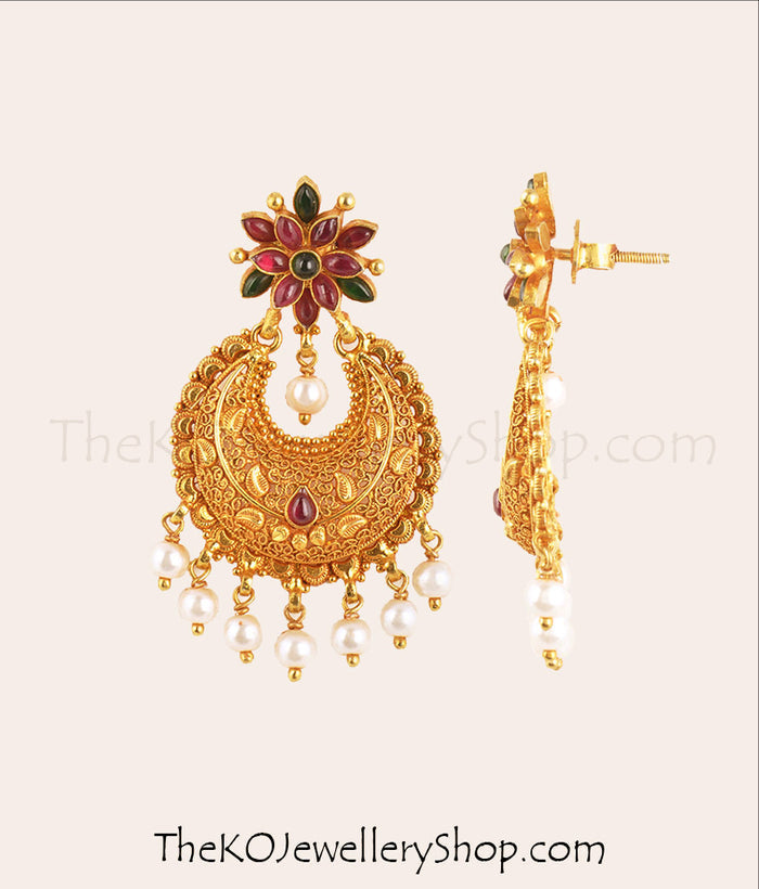 Pure silver kempu stone pearl studded with floral motif