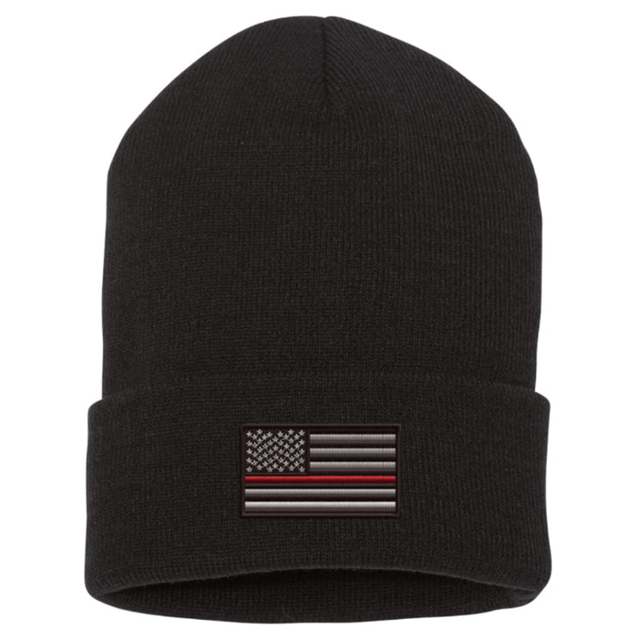 Thin Red Line Flag Black Cuffed Beanie – firefighter fire rescue winter hat embroidered patriotic cap