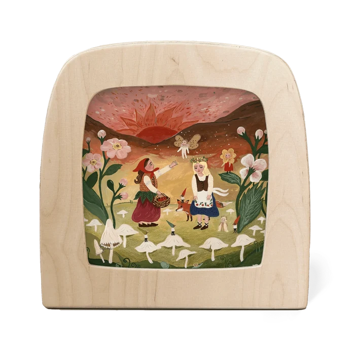 two girls , fairies, and gnomes in a field surrounded by pink flowers, white mushrooms, and a red and pink sunset in the background