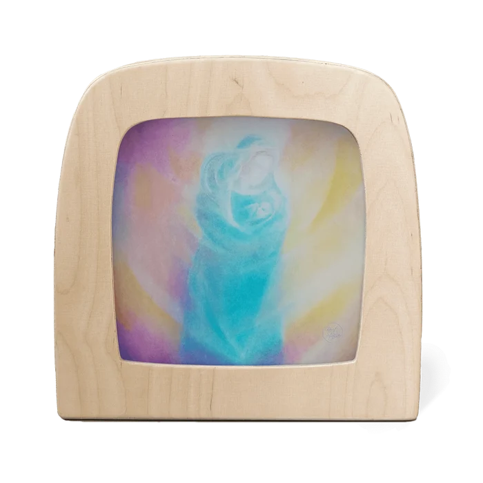 Wooden frame with a colorful abstract design inside on a white background