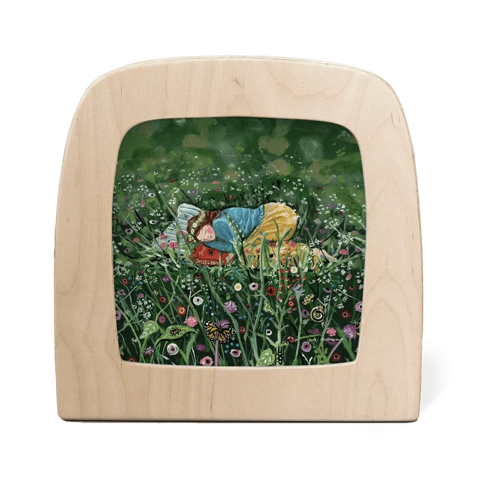 Wooden frame with silhouette of young girl sleeping in a green field surrounded by flowers and bugs