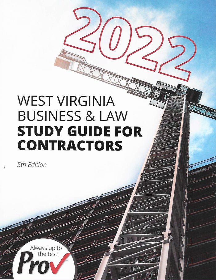 Cover of West Virginia Business and Law Study Guide for Contractors 2022 edition with construction crane against blue sky background
