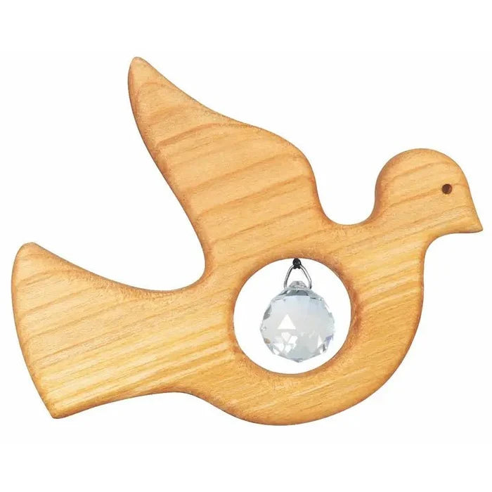 Wooden dove-shaped suncatcher with a crystal ball inside on a white background