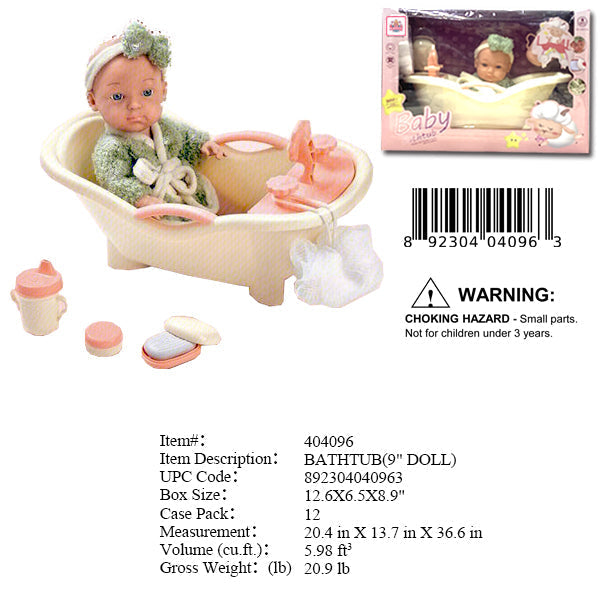12.6X6.5X8.9"9"VINYL BABY DOLL & BATH TIME PLAY SE